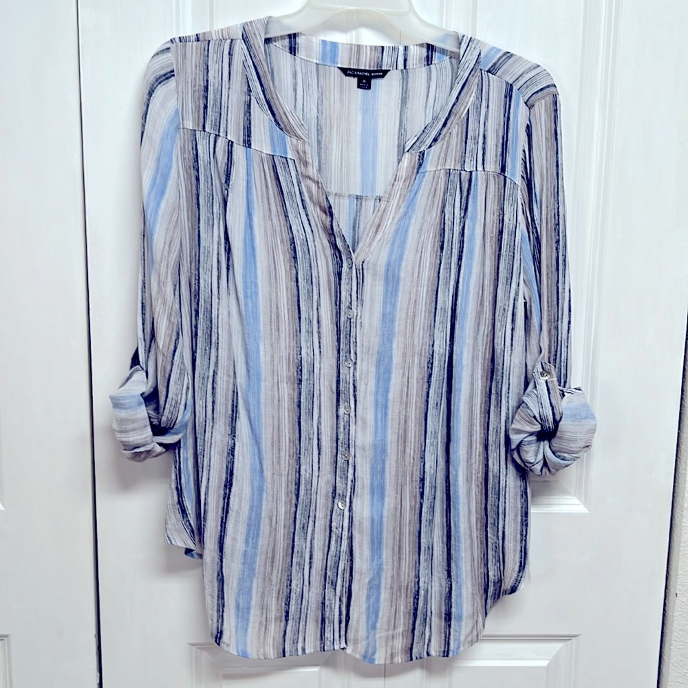 Zac & Rachel Multi Color Striped Roil Tap Sleeve V Neck Top Size 1X